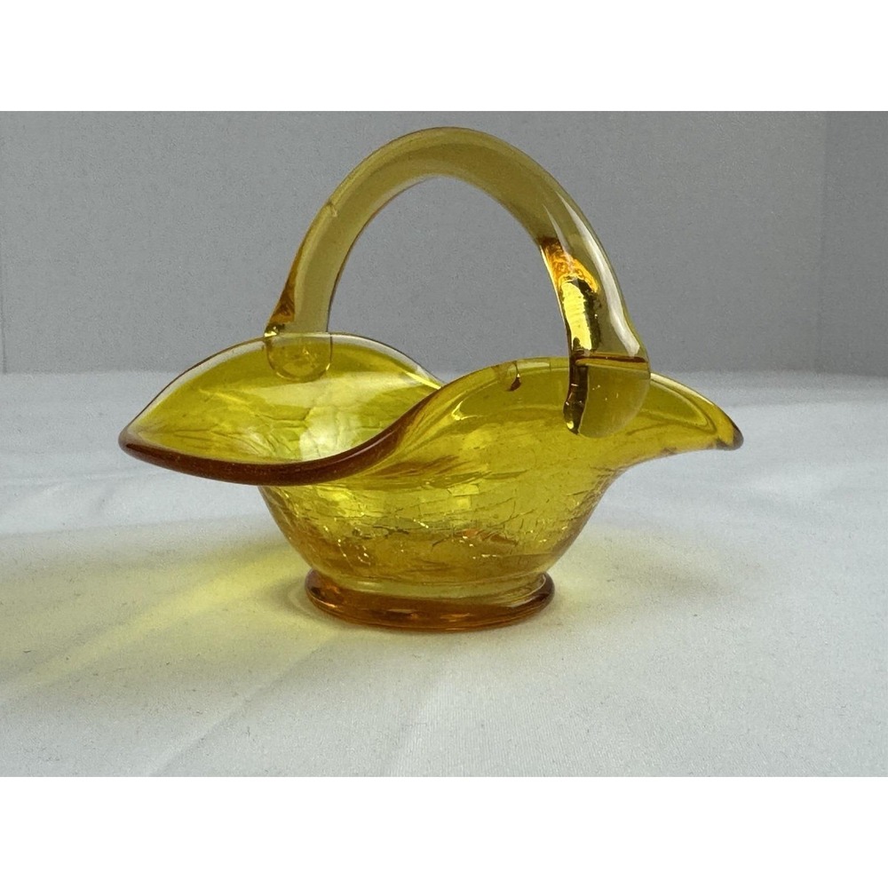 Yellow Crackle Glass Hand Blown Decorative Basket with Handles, 4.5" Tall